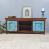 Indian Hand Carved Solid Hard Wood TV Unit with 2 Doors And Shelf 153X44X60 Cm Brown